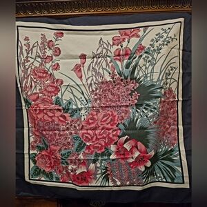 Vintage Floral Silk Scarf with Pink and Green Design